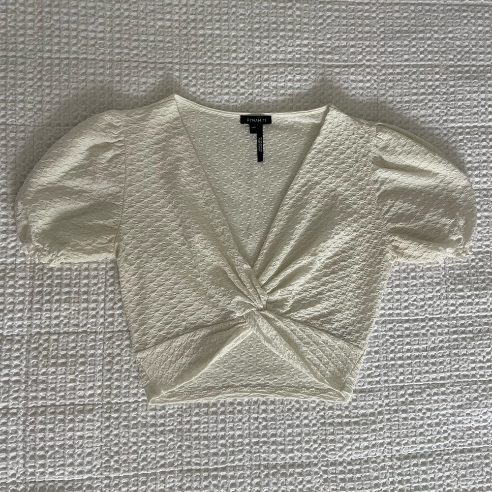 Dynamite Cream Puff Sleeve Front Knot Crop Top